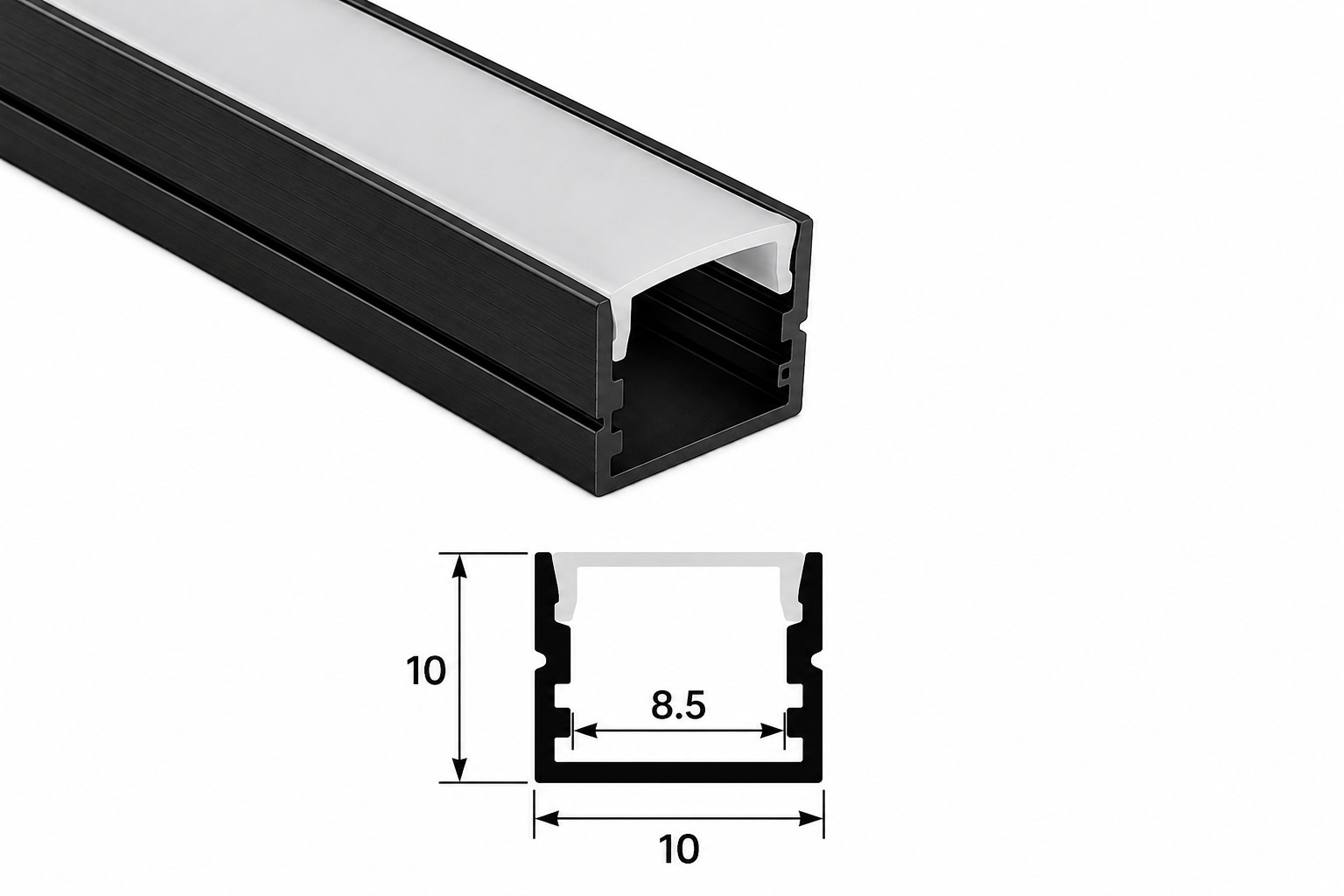 10 × 10mm Black Aluminium LED Profile Channel with Frosted Diffuser – 1 Metre