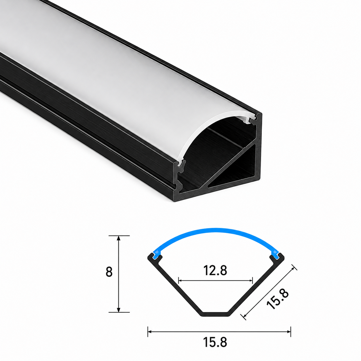 16mm Black 45° Corner Aluminium LED Profile with Frosted Diffuser – 1 Metre