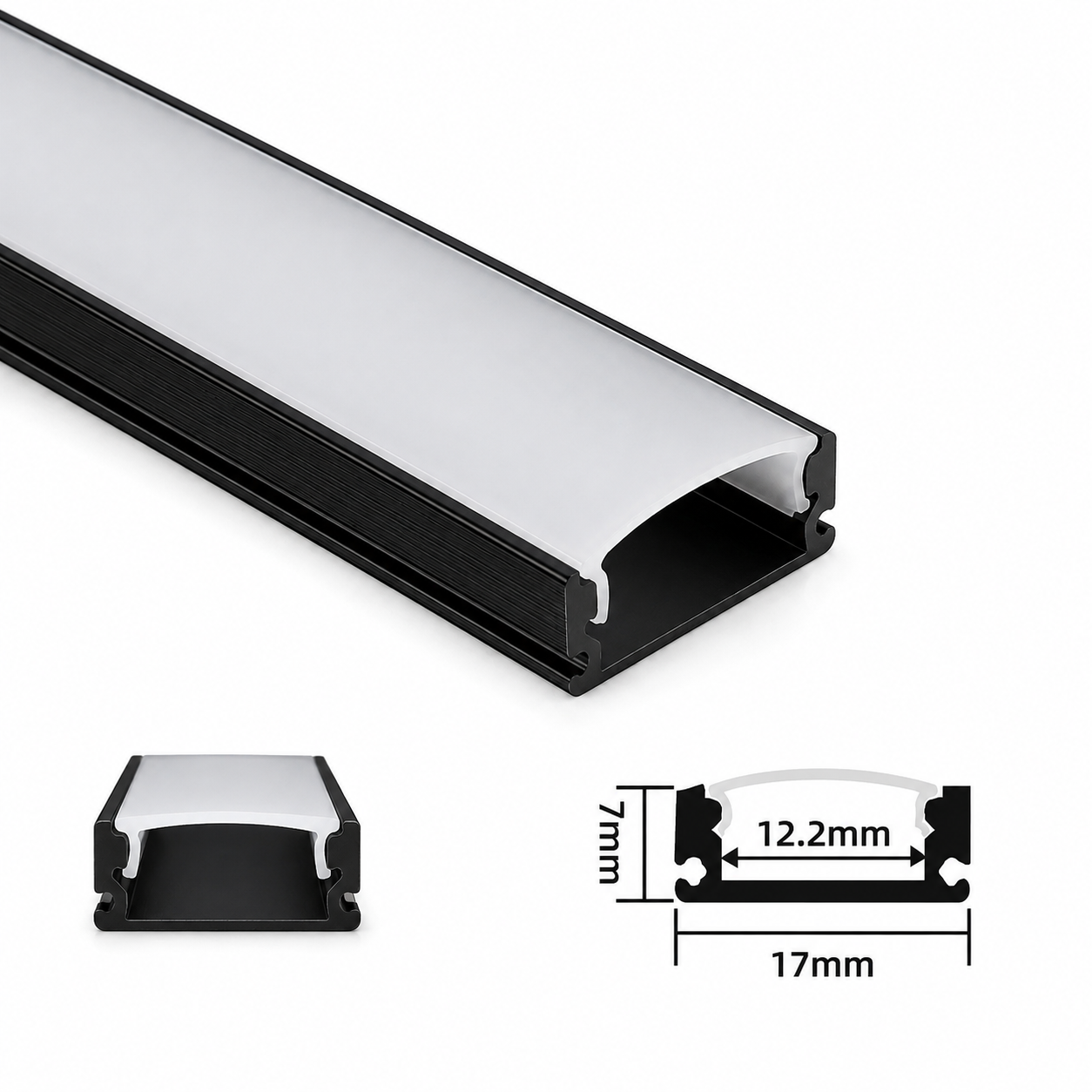 17mm × 7mm Black Aluminium LED Profile Channel with Frosted Diffuser – 1 Metre