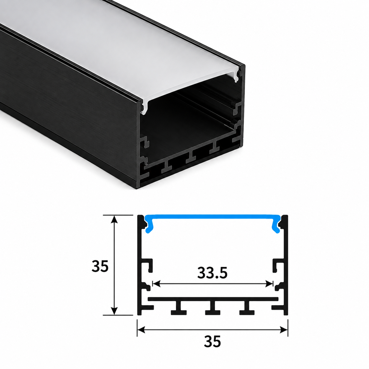 35mm × 35mm Black Aluminium LED Profile Channel with Frosted Diffuser - 1 Metre